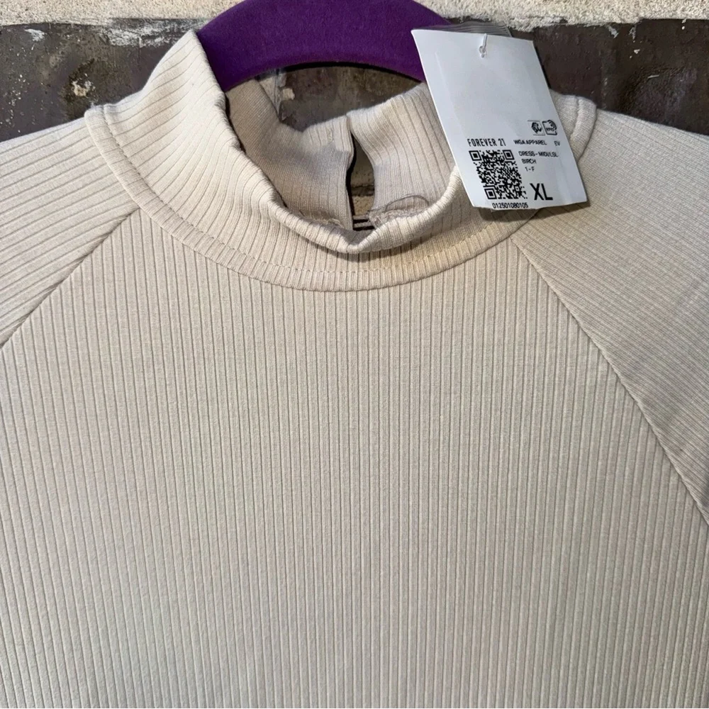 NWT Forever 21 Beige Ribbed Knit Keyhole Mock Neck Long Sleeve Midi Dress sz XL